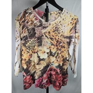 Jess & Jane USA Sz XL Mixed Artsy Floral Print Top Lettuce Edge Layered Ruffle